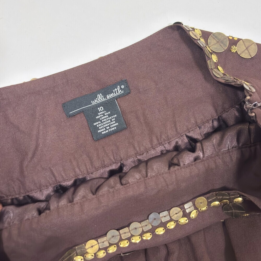 Willi Smith Brown Silk Midi Skirt Gold Sequins - Size 10 - Picture 4 of 6